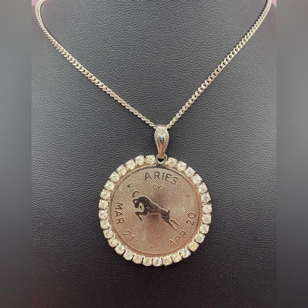Aries Zodiac Ram Pendant Necklace Silver Tone Rhinestone Halo Coin Medallion 24”